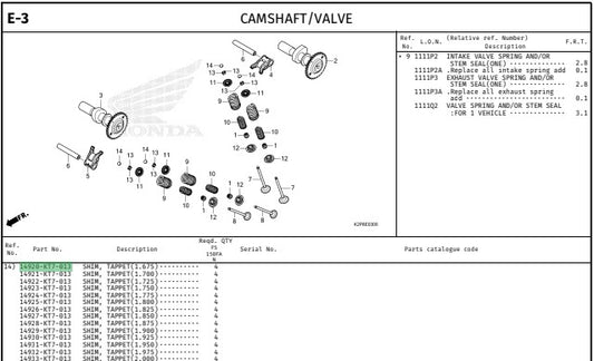 SHIM,TAPPET(1.675) CBR150